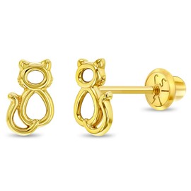 14k Yellow Gold Little Kitten Screw Back Earrings for Toddlers to Little Girls - Cat Stud Earrings for Children with Safety Screw Back to Keep them from Falling Off - Cute Kitty Earrings for Kids