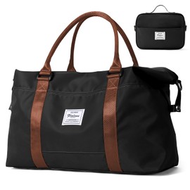HYC00 Travel Duffel Bag with Toiletry Bag, Sports Tote Gym Bag, Shoulder Weekender Overnight Bag for Women,Black & Brown