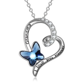 POPLYKE Grandma Necklace Blue Butterfly Crystal Heart Necklace, Grandson's Gift for Grandma Sterling Silver Grandma I Love You Forever Pendant, Valentine's Day Christmas Gift for Women