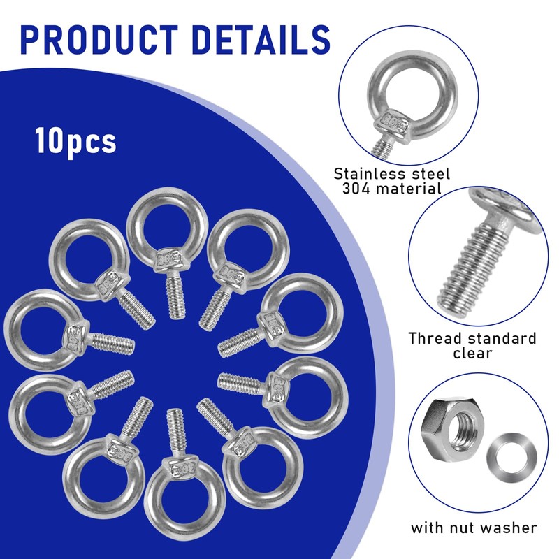 10 Pack M4 Eyebolt with Nut, M4 Screw Eye Bolts
