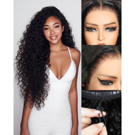 Megalook hair 13x6 Glueless Wigs Human Hair Pre Plucked Pre Cut Ear-to-Ear HD Lace Front Curly Human Hair Wig 220% Density Frontal Deep Wave Drawstring Wig with Ear Tapes 22 Inch