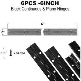 Teqinok 6PCS Black 6/10 Inch Heavy Duty Stainless Steel Piano Hinge, 2" Open Width Continuous Piano Hinges with Pre-Drilled Holes and Screws for Wood Furniture Tool,Piano Cabinets (6 INCH)