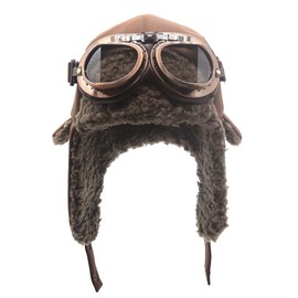 Cuhubyup Vintage Aviator Hat and Goggles Trooper Trapper Pilot Cap Fur Ear Flaps for Men Women(Brown Hat+Clear Lenses)