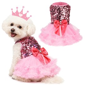 SCENEREAL Pink Dog Dress Princess Costume, Sparkly Tutu Dresses Bowknot Vest Funny Pet Halloween Costumes, Puppy Queen Outfit Christmas Birthday Clothes for Small Medium Girl Dogs Large Big Cats M