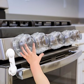 Child Proof Stove Knob Covers (Pack of 5) & Oven Lock - Double Key Design Standard Size 2.1"High x2.4"Wide Stove Knob Covers for Child Safety - Stove Knob Locks for Gas Or Electric Burners- Clear
