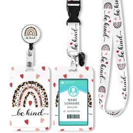 Hinsly Be Kind ID Badge Holder with Lanyard, Retractable Badge Holders Reels with Lanyards Adjustable, for Women Kids Teacher Nurses Doctor Student, Leopard Rainbow