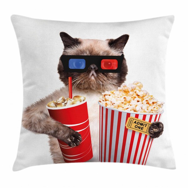 Ambesonne Movie Theater Throw Pillow Cushion Cover, Cat with Popcorn