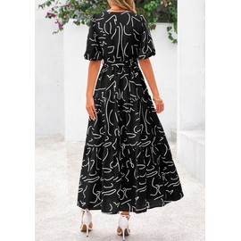 PRETTYGARDEN Women's Summer Maxi Dress 2025 Resort Wear Boho Floral V Neck Puff Short Sleeve Ruffle Flowy Beach Long Dresses(Floral Black,Medium)