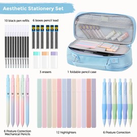 43PCS Aesthetic School Supplies, Stationery Kit with Cute Pen Case, 12 Pastel Highlighters, 5 Black Gel Pens, 6 Mechanical Pencils 0.5 & 0.7 mm for Stationery College Essentials, Blue