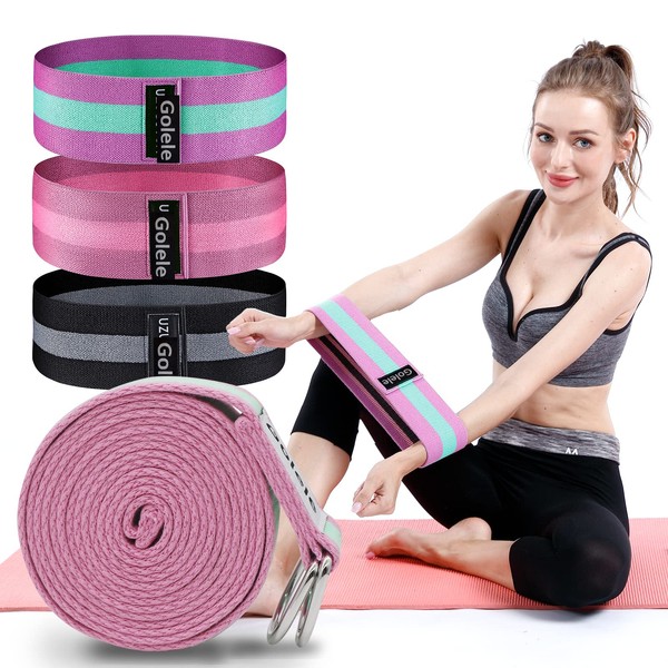Bandas de resistencia para entrenar mujeres y hombres, bandas de ejercicio para piernas y glúteos, material de tela antideslizante fácil de llevar, 3 paquetes + 1 correa de yoga (ES-616)