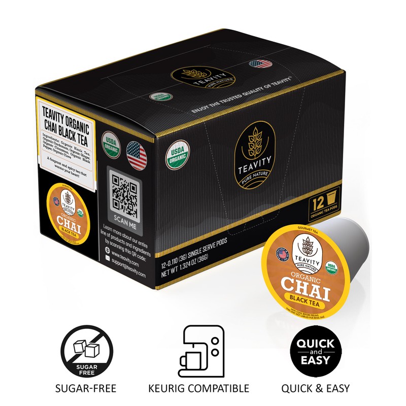 Organic Chai Black Tea Pods for Keurig Naturally Caffeinated by