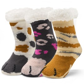 Girls Fuzzy Socks with Grips Winter Warm Socks for Kids Girls Thick Thermal Fluffy Socks for Home 3 Pack Mix Animals 4-7 Years
