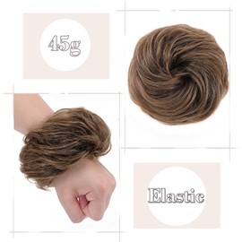 Silk-co Hairpiece with Elastic Band, Bun with Hair, Wavy, Soft Bun Hairpiece with Elastic Band, 45 g, Curly Hair Thickening Hair Extensions, Messy Bun Updo Hairstyles, Sandy Brown & Dark Blonde