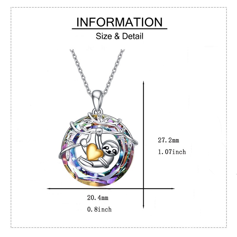 YAFEINI Sloth Gifts Sterling Silver Sloth Necklace Sloth Crystal Pendant