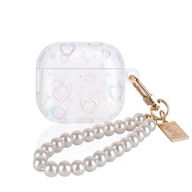 CameCosy Case for AirPods 4th Generation with Pretty Pearl Keychain, Sparkle Colorful Laser Heart Design for Women Clear Soft TPU Shockproof Protective Cover for Airpods 4 gen
