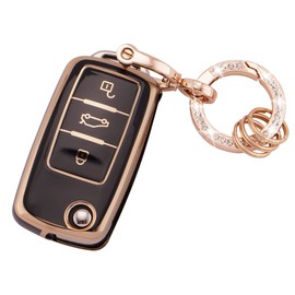 Koaudb Key Fob Cover Fit for VW Volkswagen Passat Golf Polo Beetle Jetta Touran Eos Scirocco 3 Buttons Key Case Soft TPU Key Shells with Keychain Black Gold (R-Vlw-3S-B)