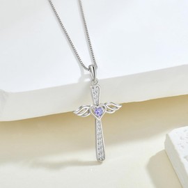 FYNSBLE Cross Necklace for Women Sterling Silver Guardian Angel Wings Alexandrite Heart Birthstone Pendant Necklace Jewelry for Women Mother Her