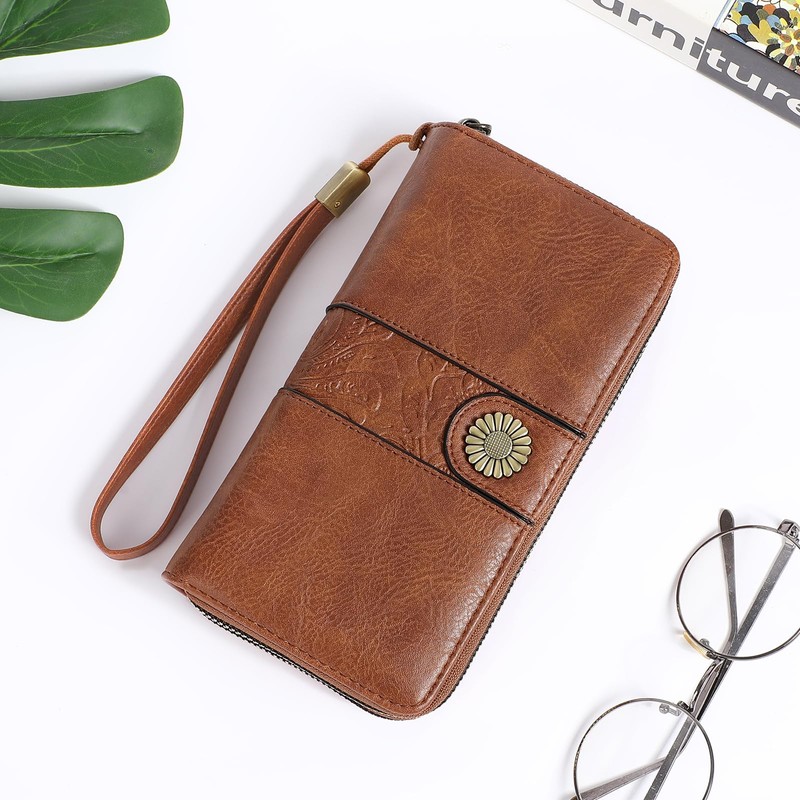 SENDEFN Wallet for Women Leather Double Zipper RFID Blocking Card
