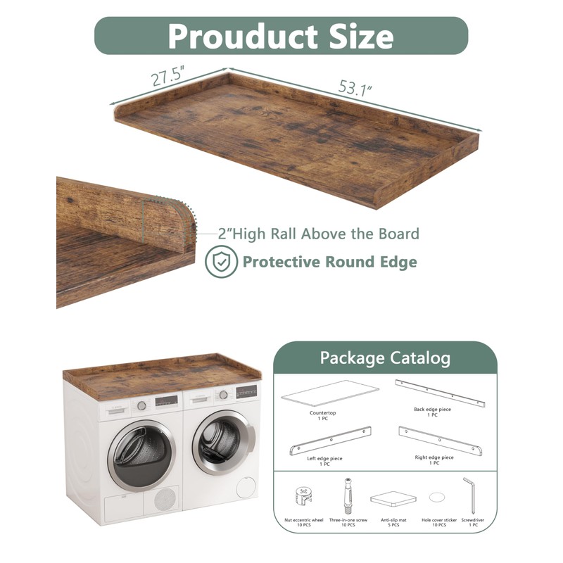 Piskyet Washer Dryer Countertop,Laundry Countertop with Edge Rails,27.5" Depth x