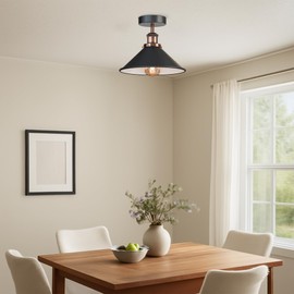 E27 Base Industrial Ceiling Lights with 22cm Black Inner White Cone Lampshade Semi Flush Mount Lighting for Living Room Bedroom Dining Room Kitchen Easy Fit Durable Metal with EPC A+ Bulb 2 Pack