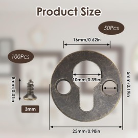 Pack of 50 Round Cabinet Hangers, 10 mm Keyhole, Vintage Metal Double Hole Round Keyhole Hanger with 100 Screws for Hanging Picture Frames, Bronze Tone