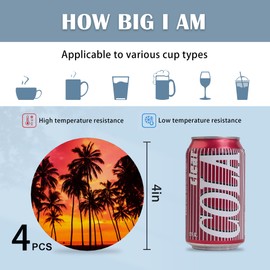 Losthll Coasters for Drinks, Set of 4 Absorbent Ceramic Coasters, Tropical Sunset Palm, Round, 4 Inches