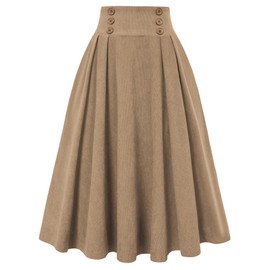 Belle Poque Women's Corduroy Skirt Vintage High Waist A-line Swing Midi Skirt with Pockets & Buttons, Corduroy Skirt & Beige #859