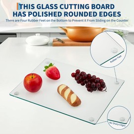 Garvee Tempered Glass Cutting Board with Rubber Feet, Rectangle Non-Slip Chopping Plate, Clear Glass Board for Countertop, Long Lasting Clear Tray, Shatter-Resistant, Heat-Resistant