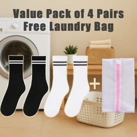 UMELOK Kids Athletic Crew Socks Non-Slip Soft Cotton 4 Pack Padded Bottom Black and White for Boys and Girls 6-12 Years