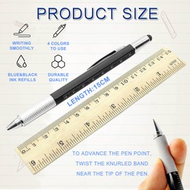 Multitool Gift Pen Tech Tool - 8PCS 6 in 1 Multifunction Screwdriver Ballpoint Pen Set with Touch Screen Stylus Top, Cm Inch Ruler, Levelgauge,Screwdriver, 20 Pcs Blue/Black Refills for Men Women