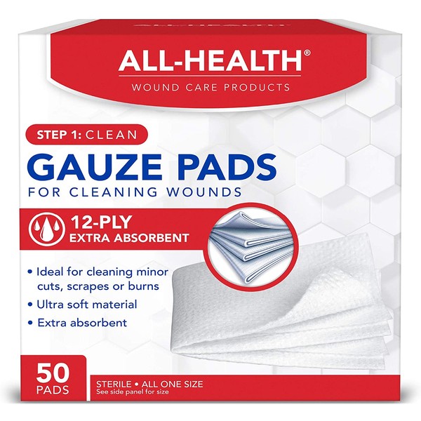 All Health Gauze Pads, 50 Pads, 4 X 4 | for Cleaning or Covering Wounds as Wound Dressing, Helps Prevent Infection
