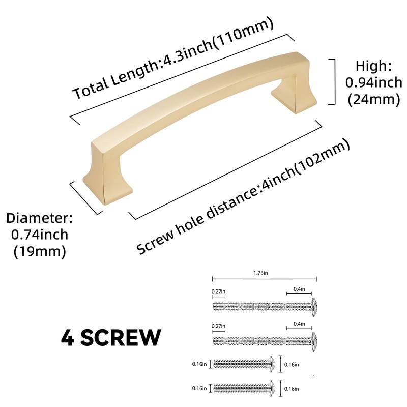 BUKOBYHE 10 Pack 4 Inch(102mm) Cabinet Pulls Brushed Brass Kitchen