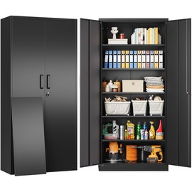 SISESOL Metal Storage Cabinet with 2 Doors and 6 Shelves,Black Metal Cabinet with Lock,71" Lockable Garage Storage Cabinets,Locking File Cabinet,Steel Tool Cabinets for Home,Office,Garage,Shop,School