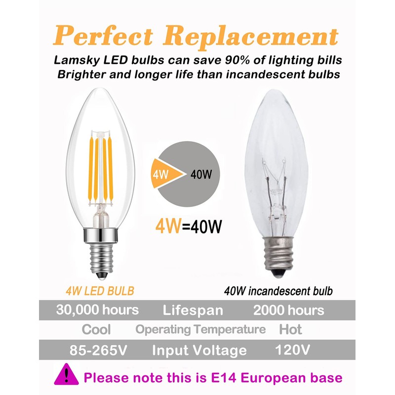 Lamsky E14 Base LED Filament Candle Shape Light Bulb,E14 European