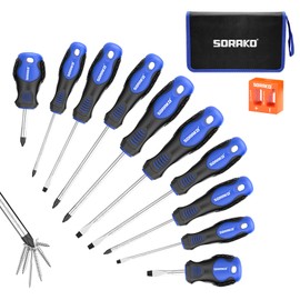 SORAKO Set cacciaviti da 11 pezzi, Con smagnetizzazione 2 in 1, Borsa in nylon ad alta densità, punta magnetica, impugnatura professionale antiscivolo, con 5 punte piatte, 5 punte a croce
