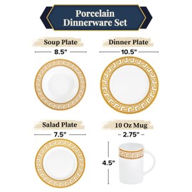 Porcelain Dinnerware Set for 1 - White with Gold 4 Piece Set Vintage Greek Key Design - Elegant Dinner Plates, Soup Plates and Mugs - Dining Kitchenware for Home, Formal Occasions and Everyday Dishes