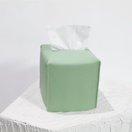HOMOTEK 1 Pack Tissue Box Cover, Square PU Leather Tissue Holder, Decorative Facial Tissue Cube Paper Organizer Dispenser for Bathroom, Night Stands, Desk, Car 5X5X5'' - Mint Green, Pebble Grain