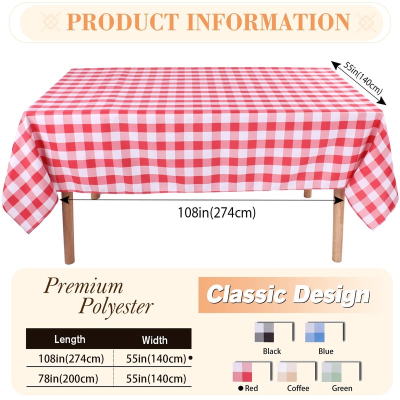 Kesfey Red Gingham Tablecloth Polyester 55x108in, Rectangle Checkered Tablecloth Spillproof