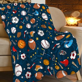 Sports Blanket Basketball Soccer Baseball Throw Blankets for Girls Boys Funny Balls Fleece Throws Cozy Flannel Warm Fuzzy Blue Plush Stuff for Sofa Bed Decor Gifts for Kids Men Women 50"x40"