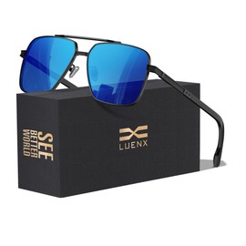 LUENX Polarized Square Aviator Sunglasses for Men Rectangular Mirror Dark Blue Lens Black Frame 61MM - UV 400 Protection