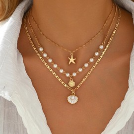Seashell Necklace Shell Necklaces for Women Charm Necklace Beachy Jewelry for Women Gold Pearl Starfish Necklace Stack Non Tarnish Waterproof Summer Jewelry (Style5-3L Shell Starfish Pearl)