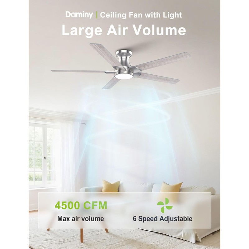 DAMINY 52 inch Nickel Ceiling Fans with Lights,5 Blades,6CCT, Low