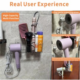 Clear Hair Dryer Holder, Blow Dryer Hanger Wall Mounted for Hair Dryer Hook with Plug&Cord Organizer Self Adhesive for Cabinet Door and Bathroom Organizer and Storage,Pack of 1