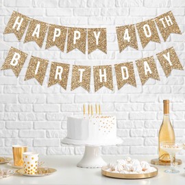 Pre-strung Happy 40th Birthday Banner - No DIY - Gold Glitter 40th Birthday Party Banner - Pre-strung Garland on 6 ft Strands - Gold Bday Party Decorations & Decor. Did We Mention No DIY