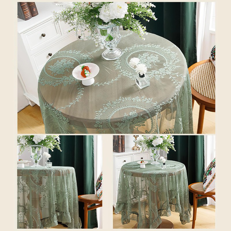 Lace Tablecloth with Ruffles, Rectangular, Green Vintage Overlay Lace Tablecloth,