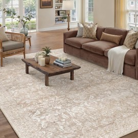 PureCozy 6x9 Area Rug Beige Washable Vintage Living Room Bedroom Carpet Indoor Large Non Slip Soft Low Pile Thin Rug Retro Accent Throw Office Dining Room