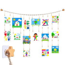 KOLLIEE Kids Artwork Display Art Wall Decor 4.93ft Boho Wooden Beaded Garland Collage Holder with Hanging Rings Wooden Stars Hook 40 Wood Clips for Kids Artwork Photo Room Bedroom Decor