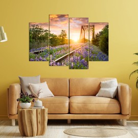 OuElegent Lavender Railway Canvas Wall Art Purple Flower Train Tracks Picture Print Railroad Bridge Sunset Landscape Art Painting for Living Room Home Decor 4 Pieces