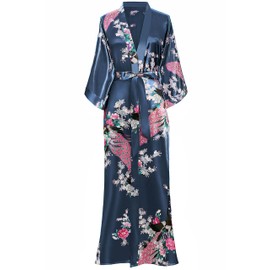 BABEYOND Women's Kimono Robe Long Satin Robes with Peacock and Blossoms Printed Kimono Nightgown, Prussian Blue, One Size Plus