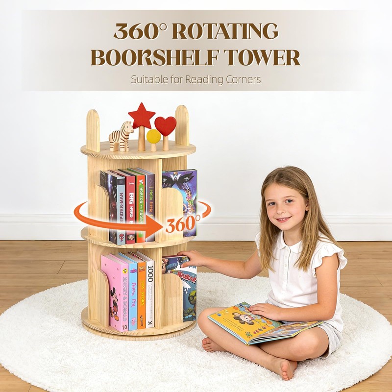 Kryonix Rotating Bookshelf for Kids, Solid Pine Wood Spinning Bookshelf